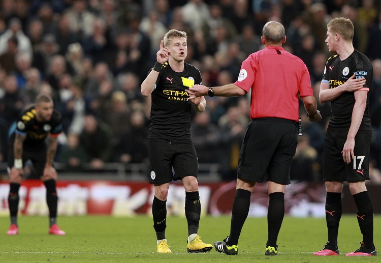 Oleksandr Zinchenko became the third Manchester City player to be sent off in the Premier League this season