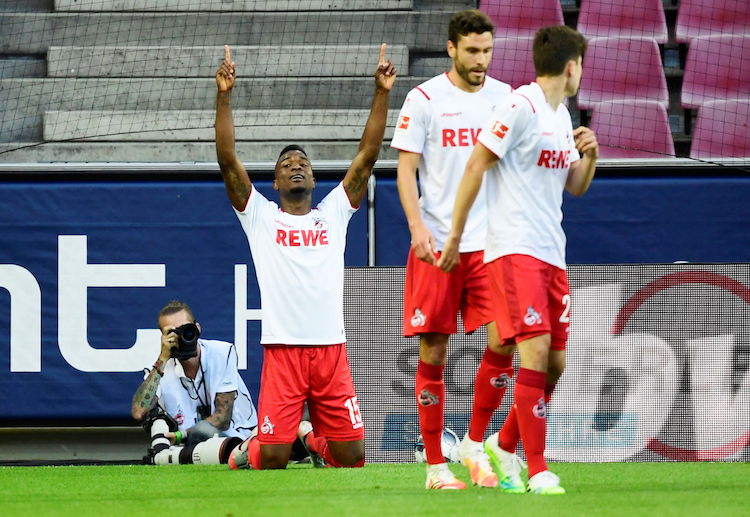 Koln's Jhon Cordoba takes advantage of the sloppy RB Leipzig defence to score the first goal during Bundesliga match