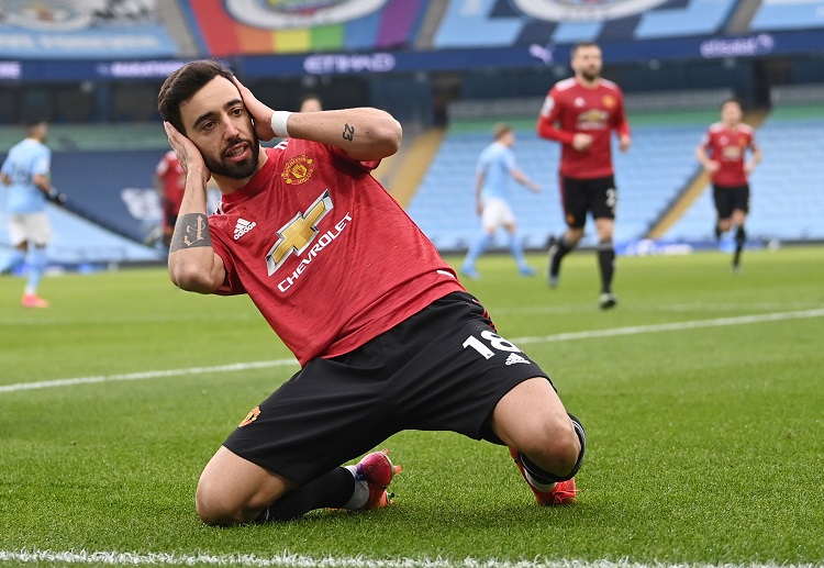 Bruno Fernandes celebrates scoring Man United’s first goal vs Man City in the Premier Leaggue