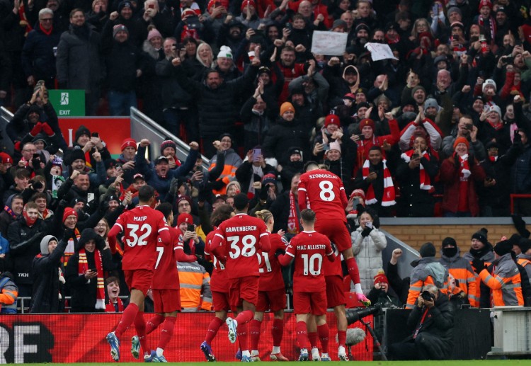 Trent Alexander-Arnold celebrates scoring against Fulham in the Premier League