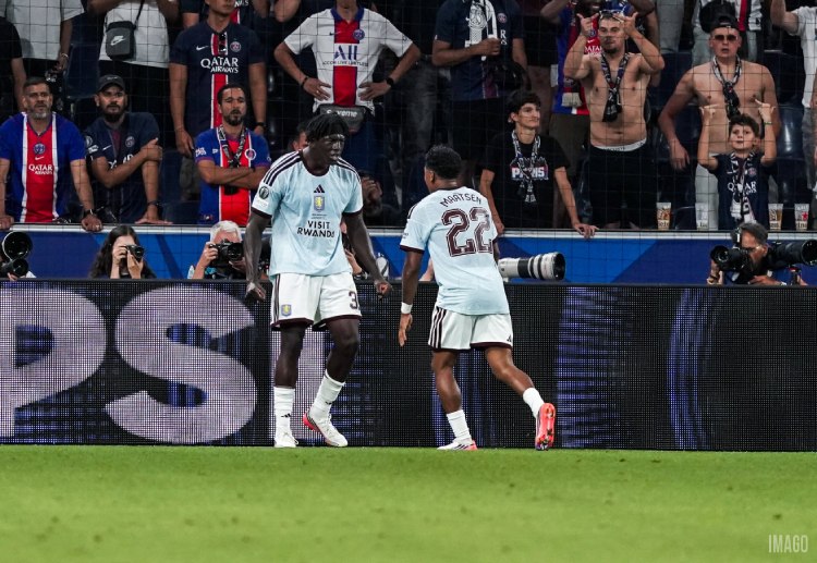 Brian Madjo scores for PSG in the UEFA Super Cup final against Aston Villa